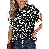 Dokotoo Womens Tops Dressy Casual Floral Print Half Button Front Petal Short Sleeve V Neck Chiffon Blouse Western Summer Elegant Cute Bohemian Top Shirts for Women Fashion 2024 Clothes Black Large