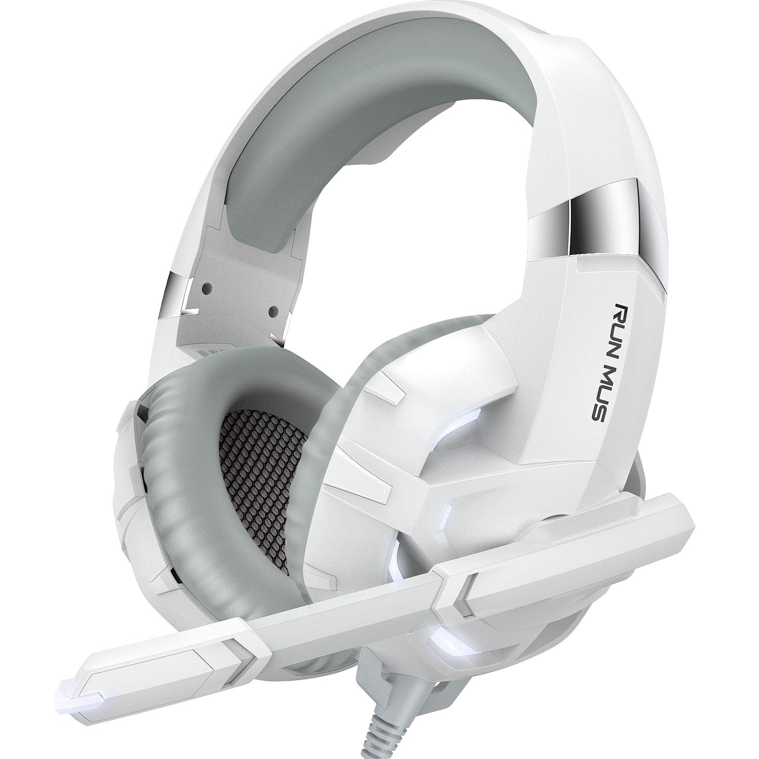 RUNMUS Gaming Headset Xbox One Headset PS4 Headset with Noise Canceling Mic &amp; LED Light, Compatible with PC, PS4, PS5, Xbox One Controller(Adapter Needed), White