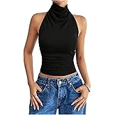 SOLY HUX Women's High Neck Halter Tank Top Sleeveless Draped Open Front Summer Fitted Going Out Crop Vest