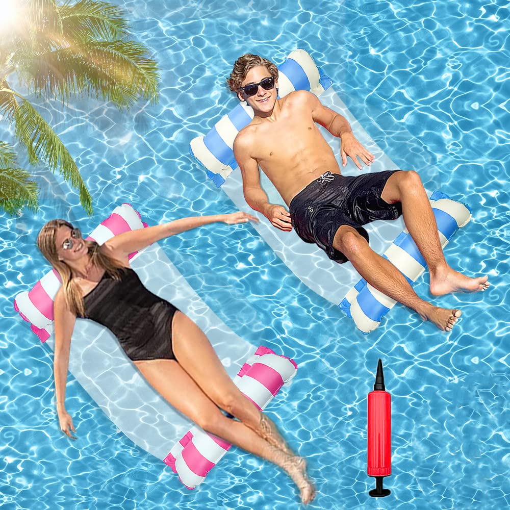 Pool Float Hammock, Lilo Pool Inflatables for Adults Water Hammock Swimming Floating Chair Bed Raft Recliner Float Lounger with Infloator Pump (Red+Blue)