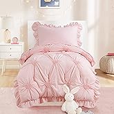 HOMBYS 4 Pieces Pink Princess Toddler Bedding Set for Girls Kids, Ultra Soft Blush Pinch Pleat Comforter Set with Ruffles for All Season