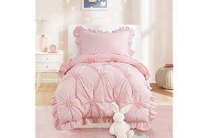 HOMBYS 4 Pieces Pink Princess Toddler Bedding Set for Girls Kids, Ultra Soft Blush Pinch Pleat Comforter Set with Ruffles for All Season