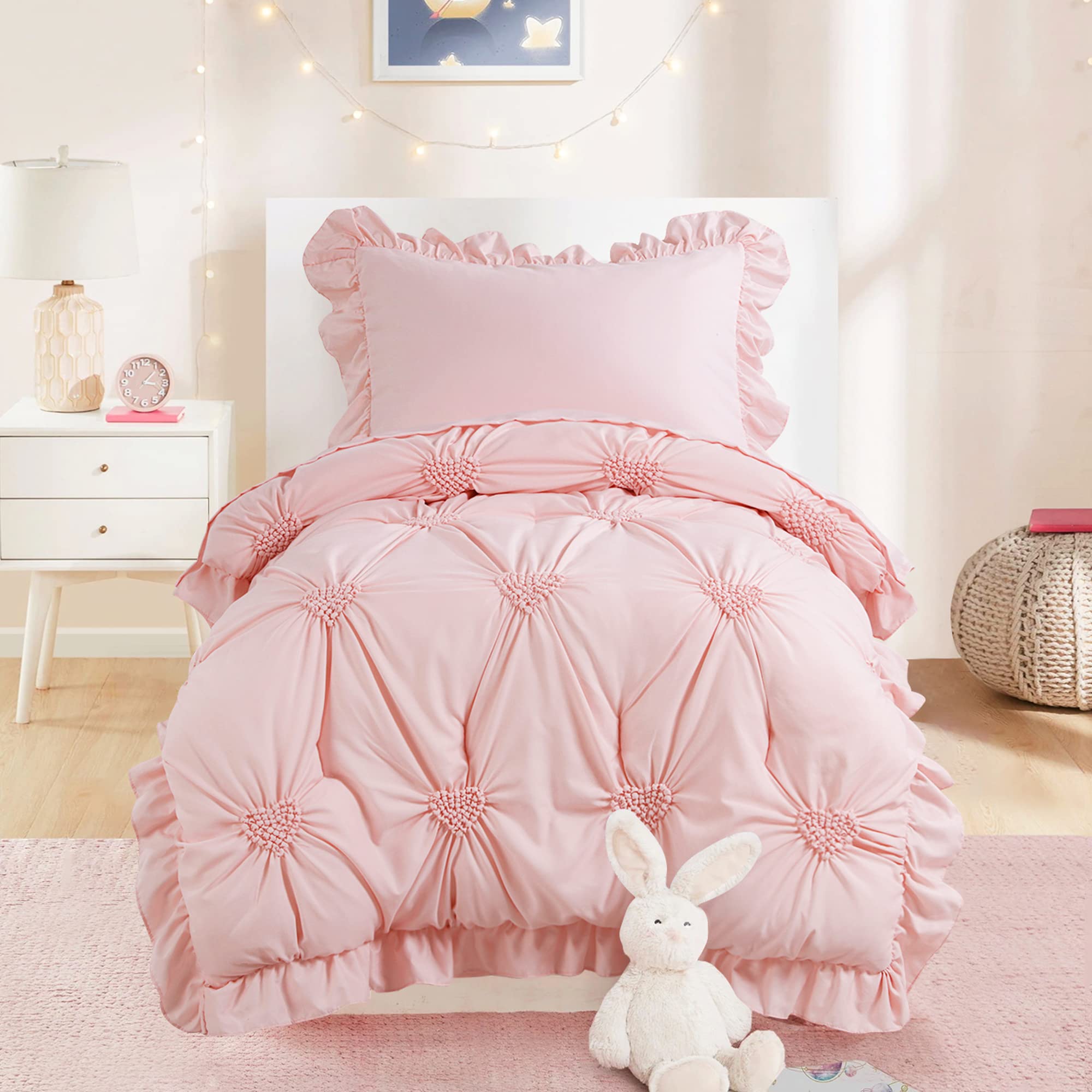 Photo 1 of HOMBYS 4 Pieces Pink Princess Toddler Bedding Set for Girls Kids, Ultra Soft Blush Pinch Pleat Comforter Set with Ruffles for All Season
