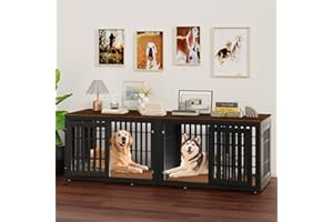 Snuowu 80" Heavy Duty Dog Crate Furniture for Small,Medium and Large Dogs,Rustic Wooden Dog Cage Kennel Indoor Furniture with Waterproof Top,Decorative Pet House Side End Table (Black & Wood)