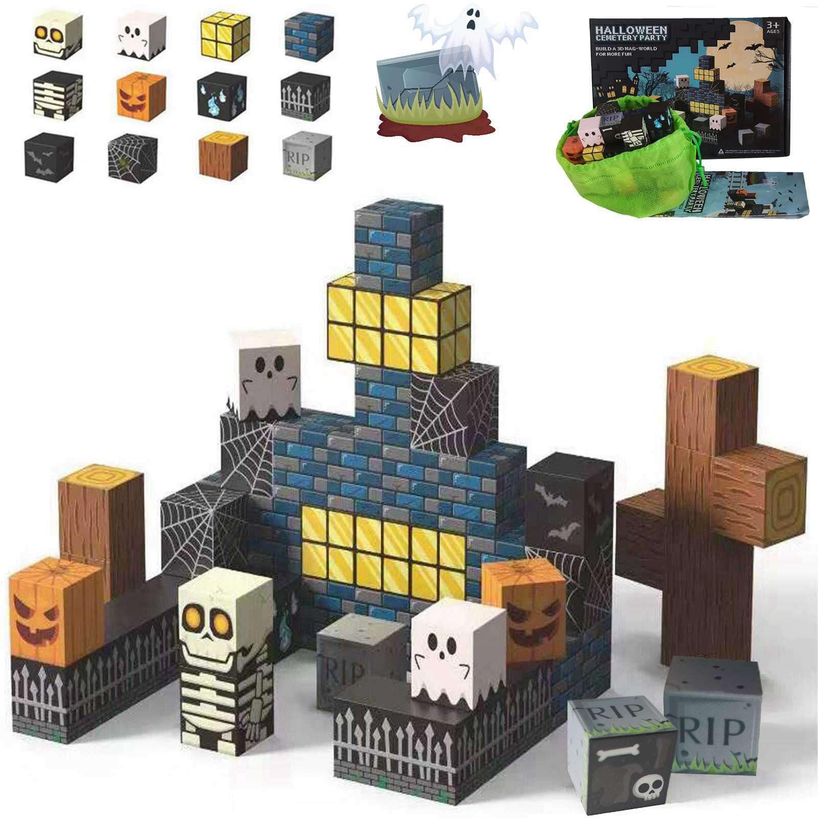 Photo 1 of Magnetic Blocks Halloween Toys for Kids Skeleton Toy Spooky Town Building Magnetic Tiles Halloween Party Favors Gift for Boys Girls & Adults
