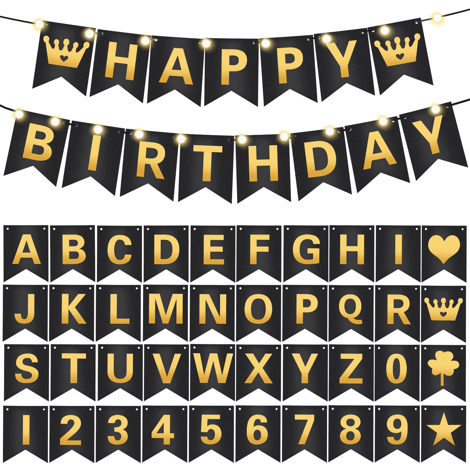 Photo 1 of TaoBary 135 Pcs DIY Banner Custom Letters Kit Make Your Own Banner for Birthday Graduation Party Decor Include 107 Letters and Numbers, 16 Symbols, 2 String Lights, 5 Needles, 5 Rope(Black)