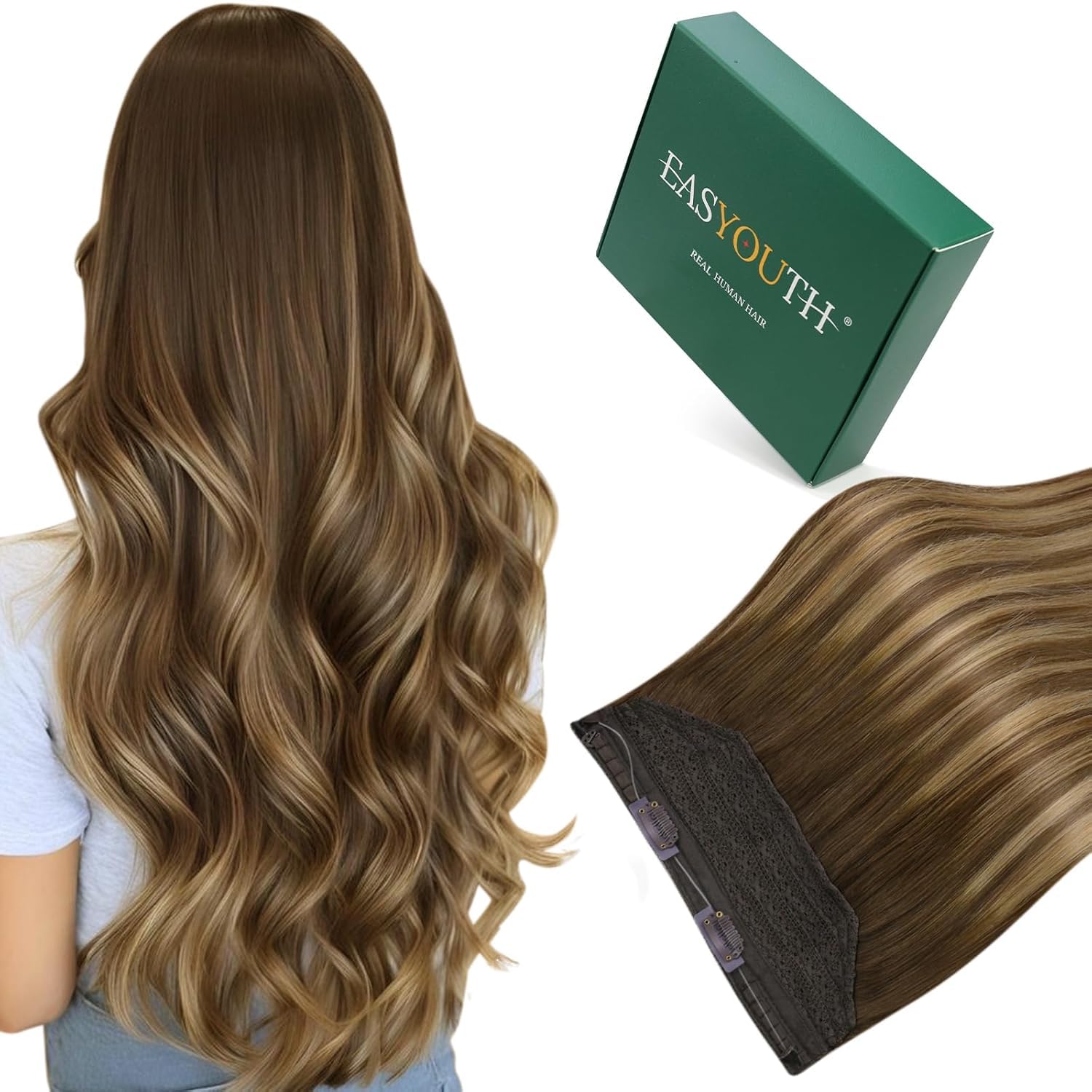 Easyouth 20Inch Secret Wire Extensions Human Hair Ombre Brown Wire Hair Extension Real Human Hair Balayage Brown to Honey Blonde Fish Line Hair Extensions Long for Women 100g #4/27/4