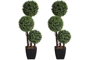 DAMOMO Artificial Topiaries Ball Tree Outdoor, 3ft Fake Topiary Triple Ball Boxwood Trees(2 Pieces), Faux Shrubs Plants Potted Green Decorative Indoor Porch or Garden（35inch）