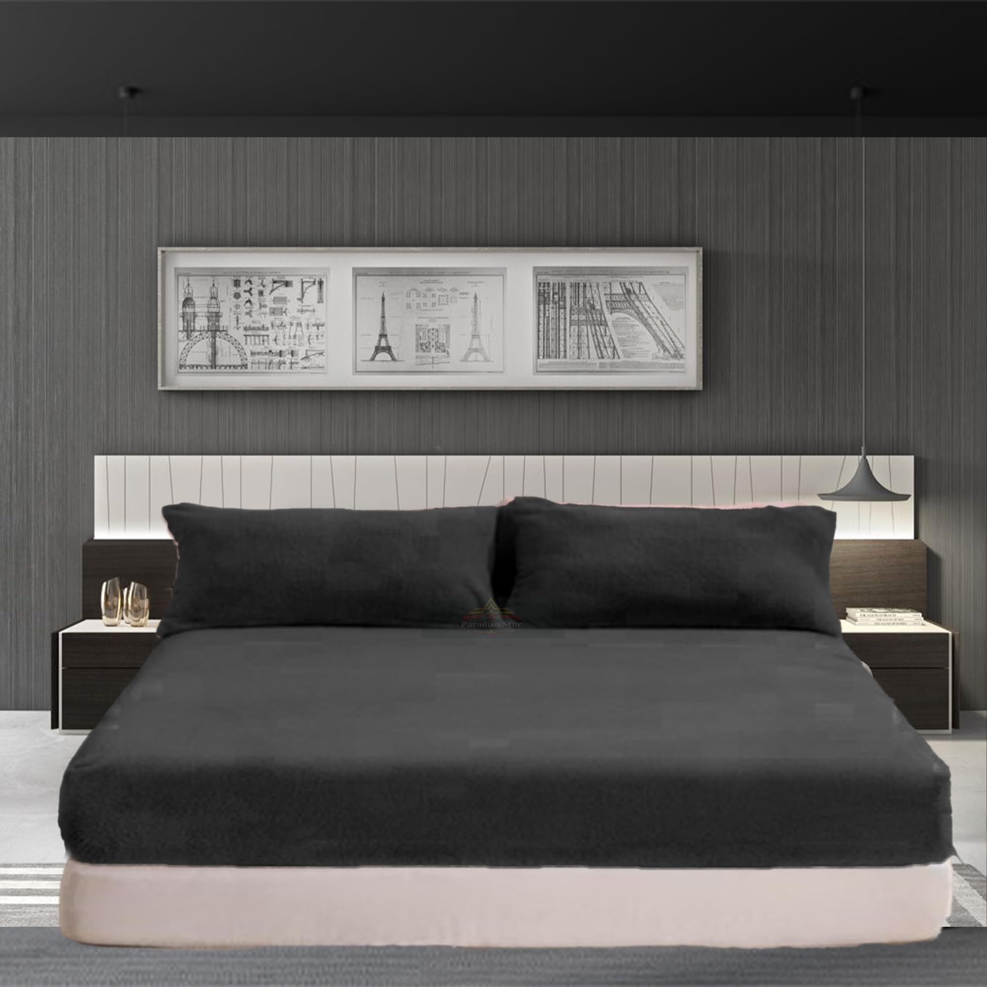 PARADISE STAR Teddy Fleece Fitted Bed Sheet – Ultra Soft Warm Cosy Plush Bedding, Extra Deep 30cm Pocket Fitted Sheet for Bed, Winter Luxury Mattress Cover (Black, Single 90x190cm)