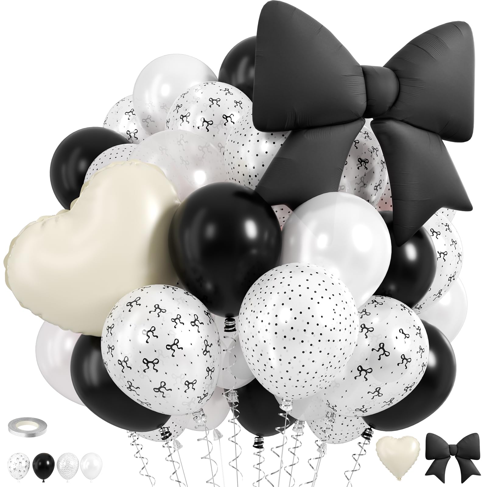 Photo 1 of Black White Bow Balloons, 50 Pcs Pearl White Dot Printed Balloons with Black Bow and Cream Heart foil Balloon for Alternative Birthday Party Baby Shower Wedding Bachelorette Party Decorations