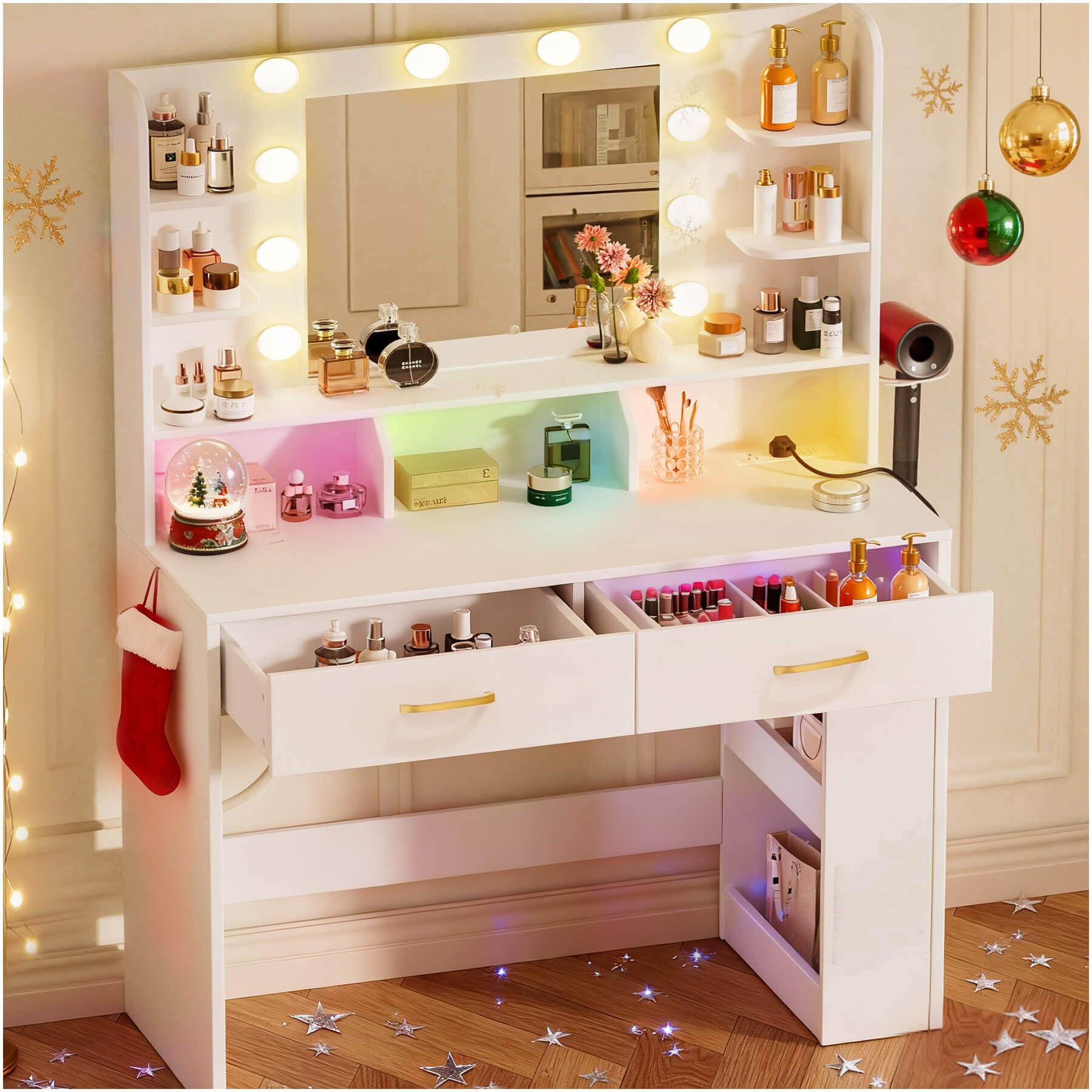 Photo 1 of ***FINAL SALE*** COMHOMA Vanity Desk with Lighted Mirror and Power Outlet, RGB LED Lights Makeup Vanity Set for Girls, Large Storage Capacity Dressing Table for Bedroom, 3 Lighting Modes Adjustable Brightness, White