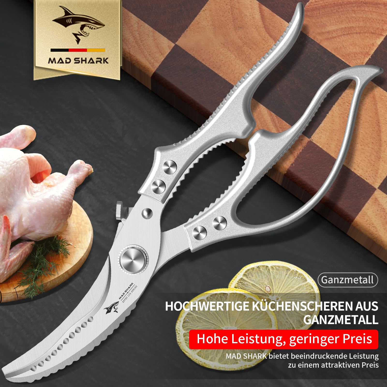 MAD SHARK Geflügelschere Profi-Küchenschere mit Rutschfestem Griff & Sicherheitsverriegelung | Federunterstützt, Spülmaschinengeeignet | Für Hühnerknochen, Fleisch, Truthahn, Fisch, Gemüse (Silber) 7