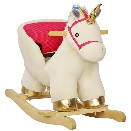 AIYAPLAY Rocking Horse, Unicorn Rocking Horse with Realistic Sounds, Safety Belt, Wooden Base, Plush Ride on Unicorn, for Ages 18-36 Months, Cream White