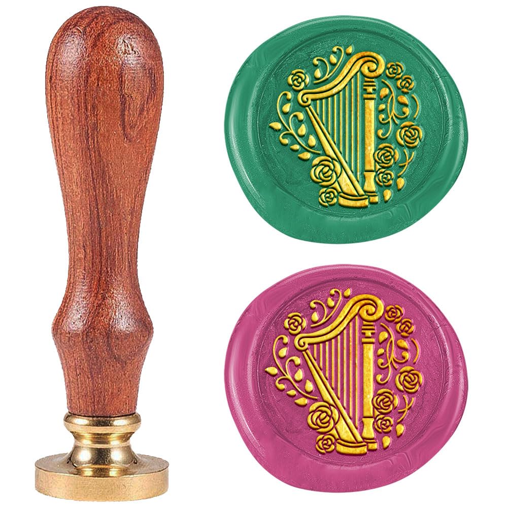 DELORIGIN Harp Flowers Music Wax Seal Stamp 1" Removable Brass Seal Head with Wooden Handle Vintage Embossed Sealing Wax Stamp for Invitations Party Envelope Festival Gift Packag Decorate