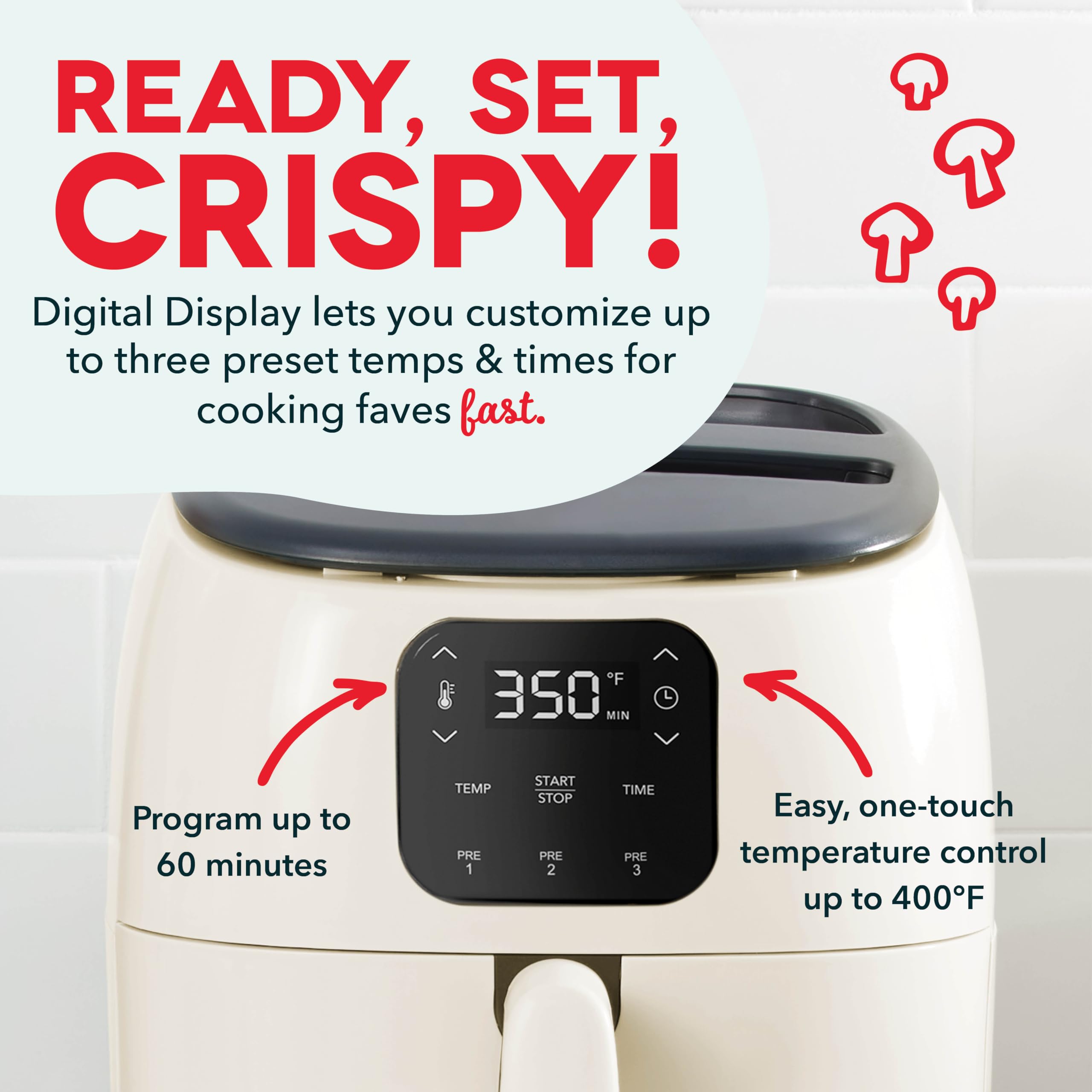 DASH Tasti-Crisp™ Ceramic Air Fryer Oven, 2.6 Qt., Cream – Compact Air Fryer for Healthier Food in Minutes, Ceramic Nonstick Surface, Ideal for Small Spaces - Auto Shut Off, Digital, 1000-Watt
