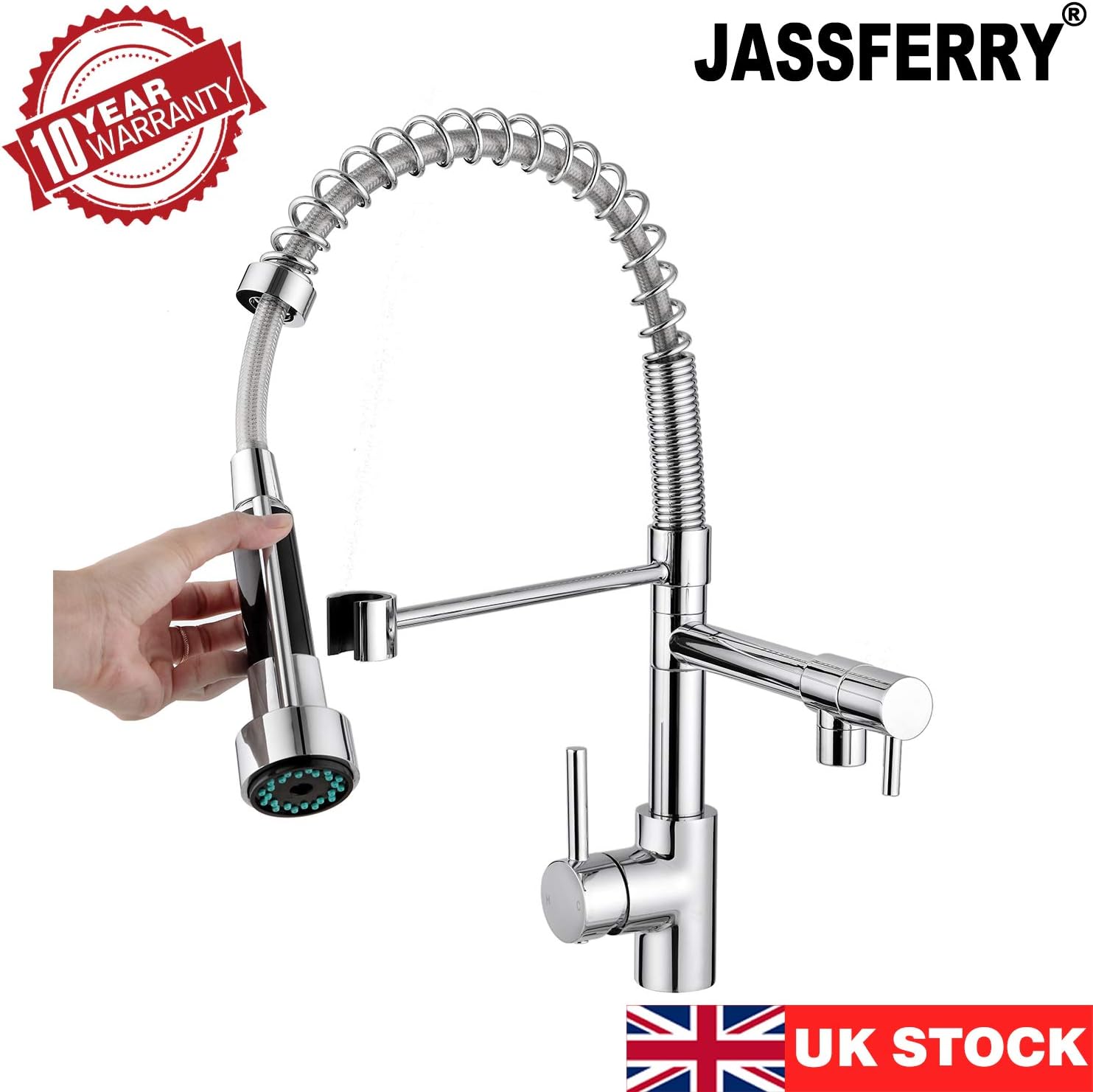 JASSFERRY Flexible Spring Pulldown Spout Kitchen Sink Mixer Tap Single Lever with High Arc Pull Out Spray Monobloc Swing Arm Chrome (Two Spout) - Image 5
