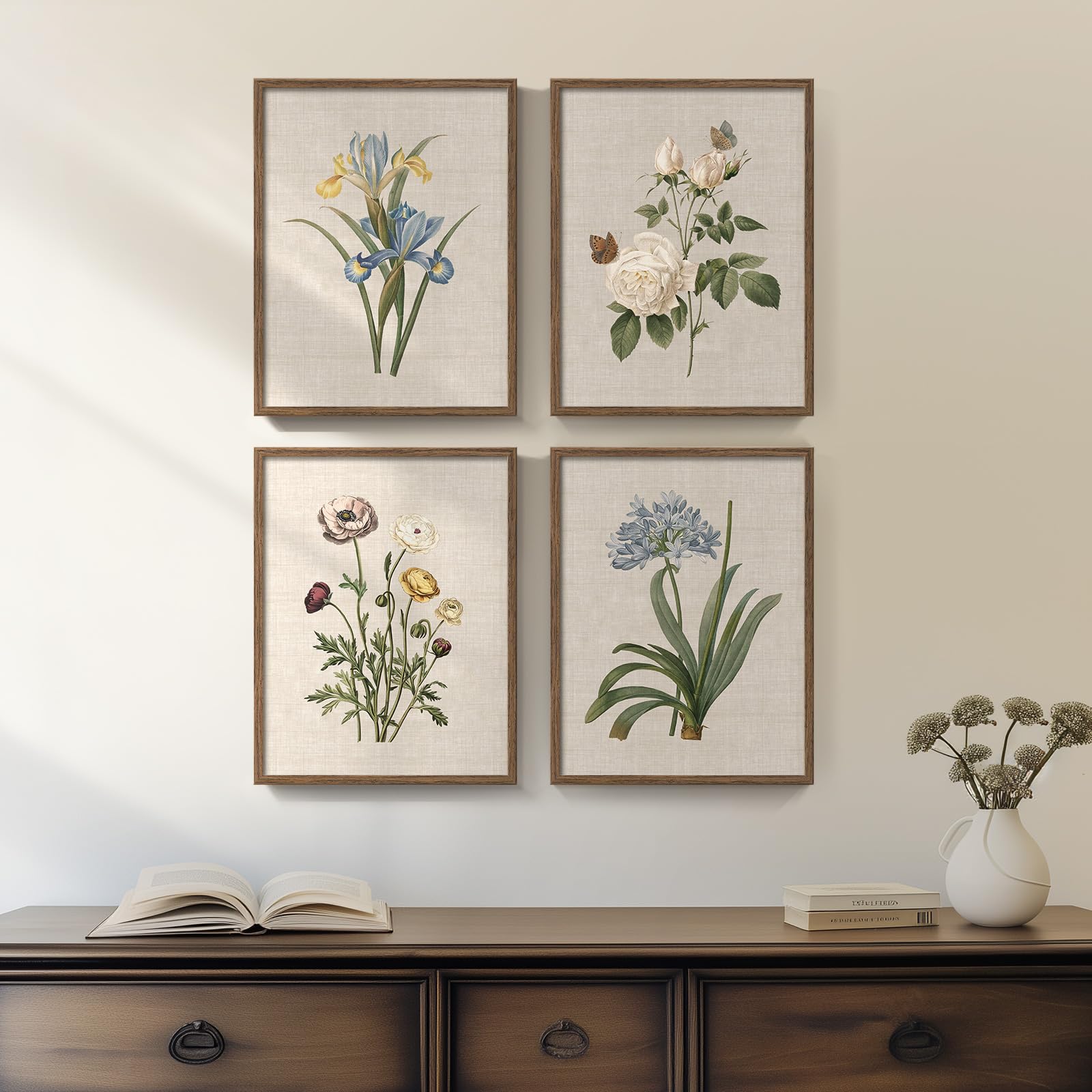 Photo 1 of Framed Botanical Floral Wall Art, 4 Piece Vintage Flower Canvas Painting Prints for Bedroom, Rustic Floral Butterfly Pictures for Farmhouse Kitchen Living Room Dining Room Hallway Wall Decor, 11x14 In