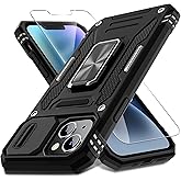 DEERLAMN Case for iPhone 14 Plus with Slide Camera Cover+Screen Protector(1 Pack), Rotated Ring Kickstand Military Grade Shockproof Protective Cover 6.7 Inch-Black