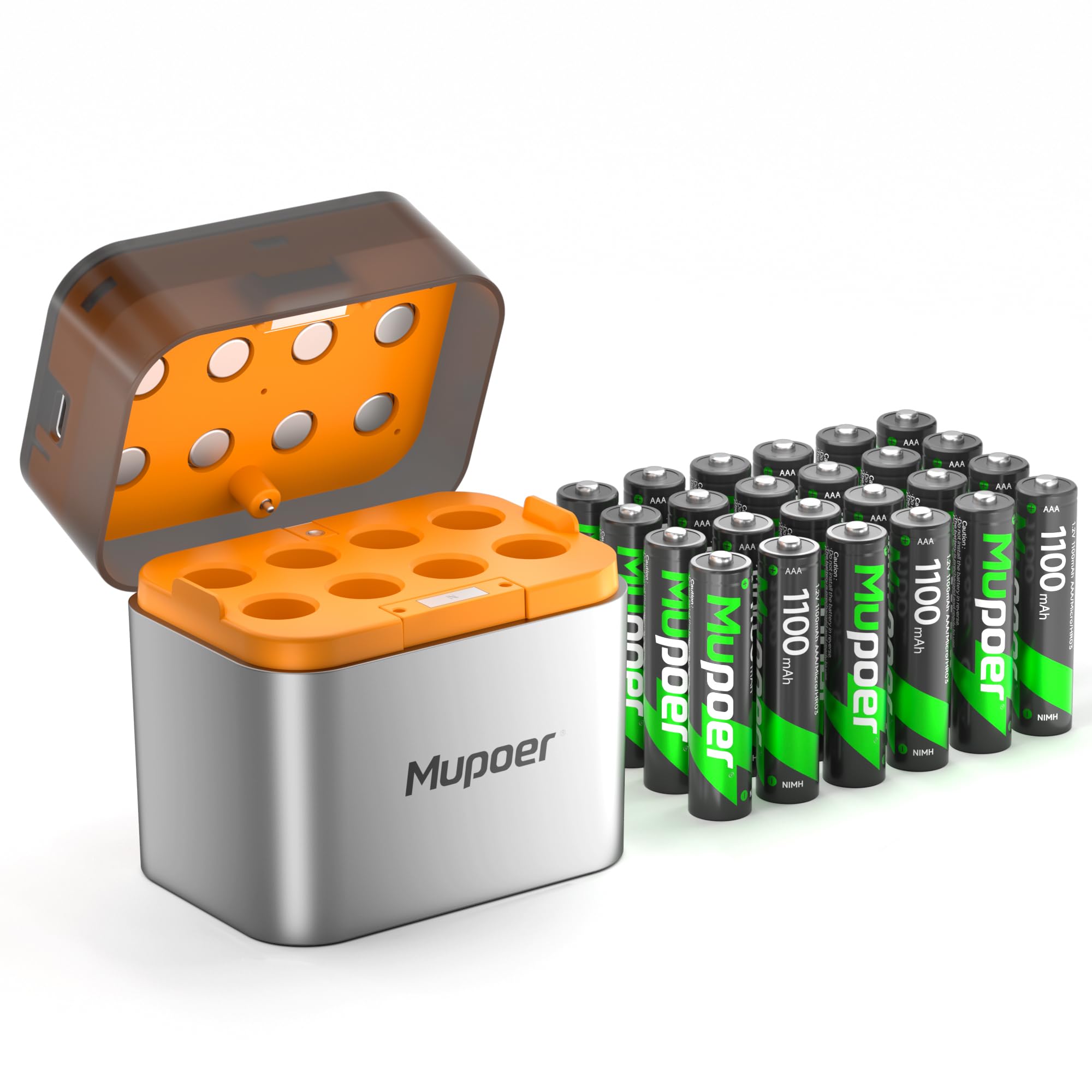 Mupoer Rechargeable AAA Batteries with Box 24 Pack,Battery Box for AA/AAA Rechargeable Battery,Triple AAA NiMH Solar Batteries 1100mAh 1.2V,Pilas Recargables,Removable Fast Charging Box for Lithium Image