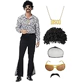 70s Outfits for Men, 7Pcs Disco Costume Include Retro Shirt Bell Bottom Pants Wig Sunglasses Necklace Wig Cap for Disco Party
