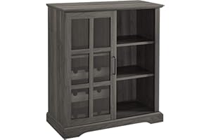 Walker Edison Wood Sliding Glass Door Bar Cabinet Entryway Serving Wine Storage Doors Dining Room Console, 36 Inch, Slate Grey