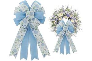 20.87 Inch Large Spring Bows for Easter Decor, Hydrangea & Butterfly Blue Burlap Ribbon Bow for Indoor Outdoor Mantel, Stairc