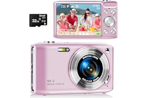 HIACINTO Digital Camera, Autofocus UHD 58MP 4K Vlogging Camera, 16X Zoom Point and Shoot Camera for Photography, Vlogging Compact Camera for Teens Adult Beginner with 32GB SD Card, Flash, Anti-Shake, Pink