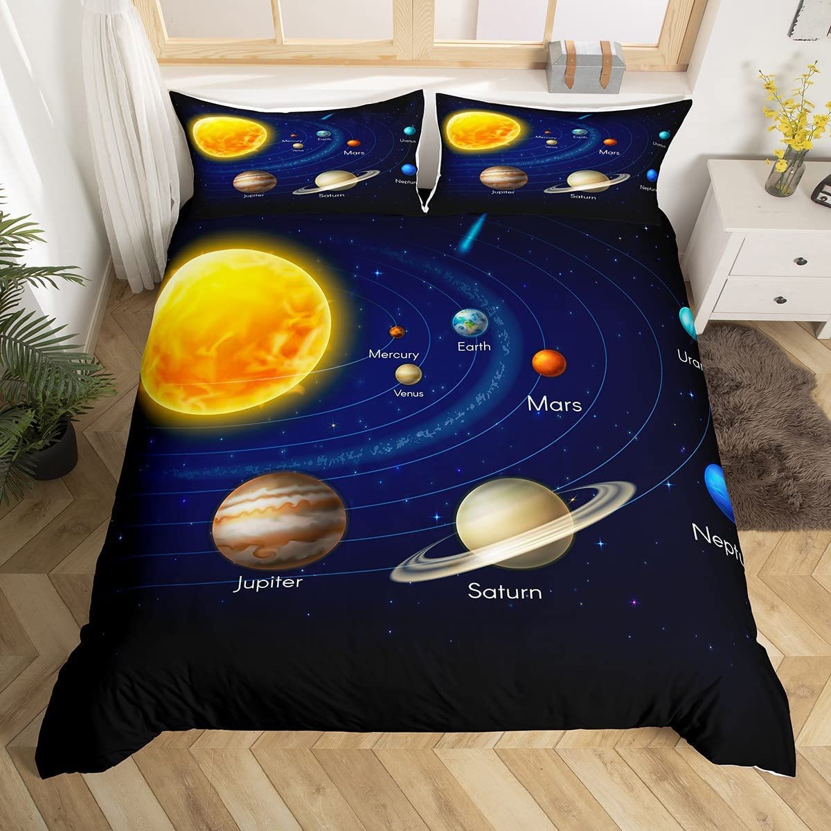 Loussiesd Planet Solar System Bedding Set Galaxy Space Duvet Cover for Kids Boys Girls Universe Comforter Educational Planetary Orbit Decor Quilt with2Pillowcase 3Pcs Double, Multicoloured 15630
