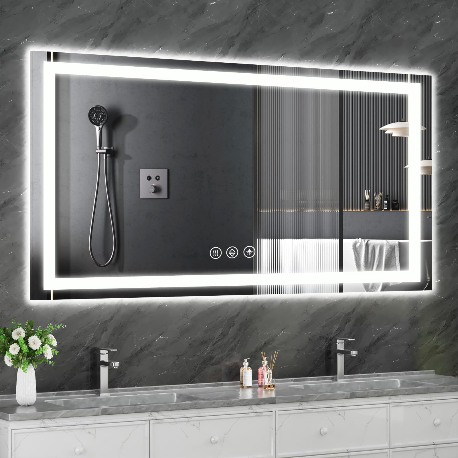 Photo 1 of Koonmi 30x60 LED Bathroom Mirror, Backlit + Front Lit, LED Bathroom Mirror with Lights for Wall, 3 Colors, Anti-Fog, Dimmable Brightness, Memory Function, Tempered Glass