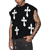 Verdusa Men's Sweater Vest Cross Print Ripped Y2k Sweaters Vintage Sleeveless Knit Tops Streetwear