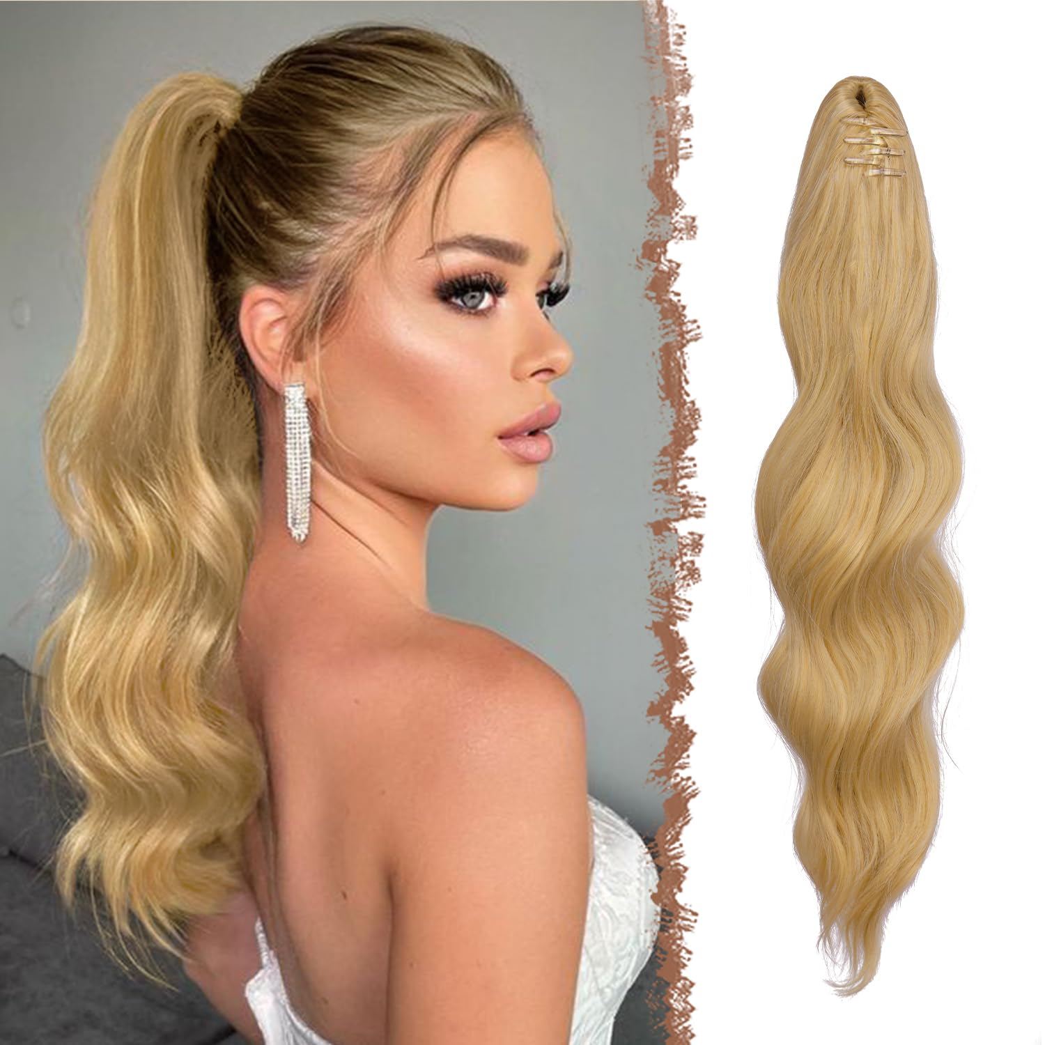 FESHFEN Ponytail Extensions 20 inch Long Wave Ponytail Claw Clip in Pony Tail Hair Extensions Light Honey Blonde Wavy Ponytails Synthetic Hairpieces for Women Girls