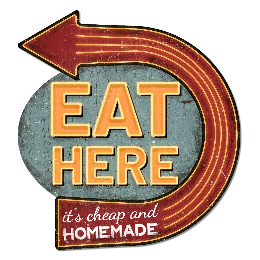 GLOBLELAND "Eat Here" Vintage Metal Tin Sign Retro Arrow Plaque Poster Metal Wall Decorative Tin Signs for Home Kitchen Restaurant Coffee Shop Club Bar Decoration