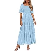 PRETTYGARDEN Women's 2026 Summer Casual Midi Dresses Square Neck Short Sleeve Smocked A Line Floral Flowy Elegant Boho Dress