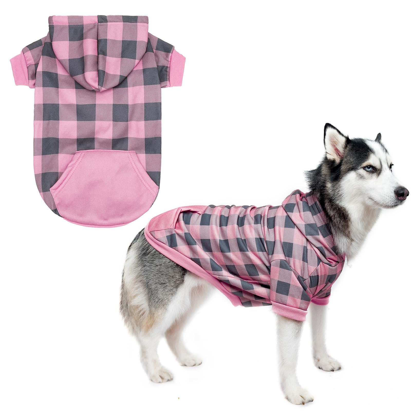 KOOLTAIL Plaid Dog Hoodie Pet Jumper with Hat and Pocket for Small Medium Large Size Dogs, Fleece Dog Hooded Sweatshirt Clothes, Soft Winter Warm Dog Cold Weather Coat for Puppy Cats, PINK XXL