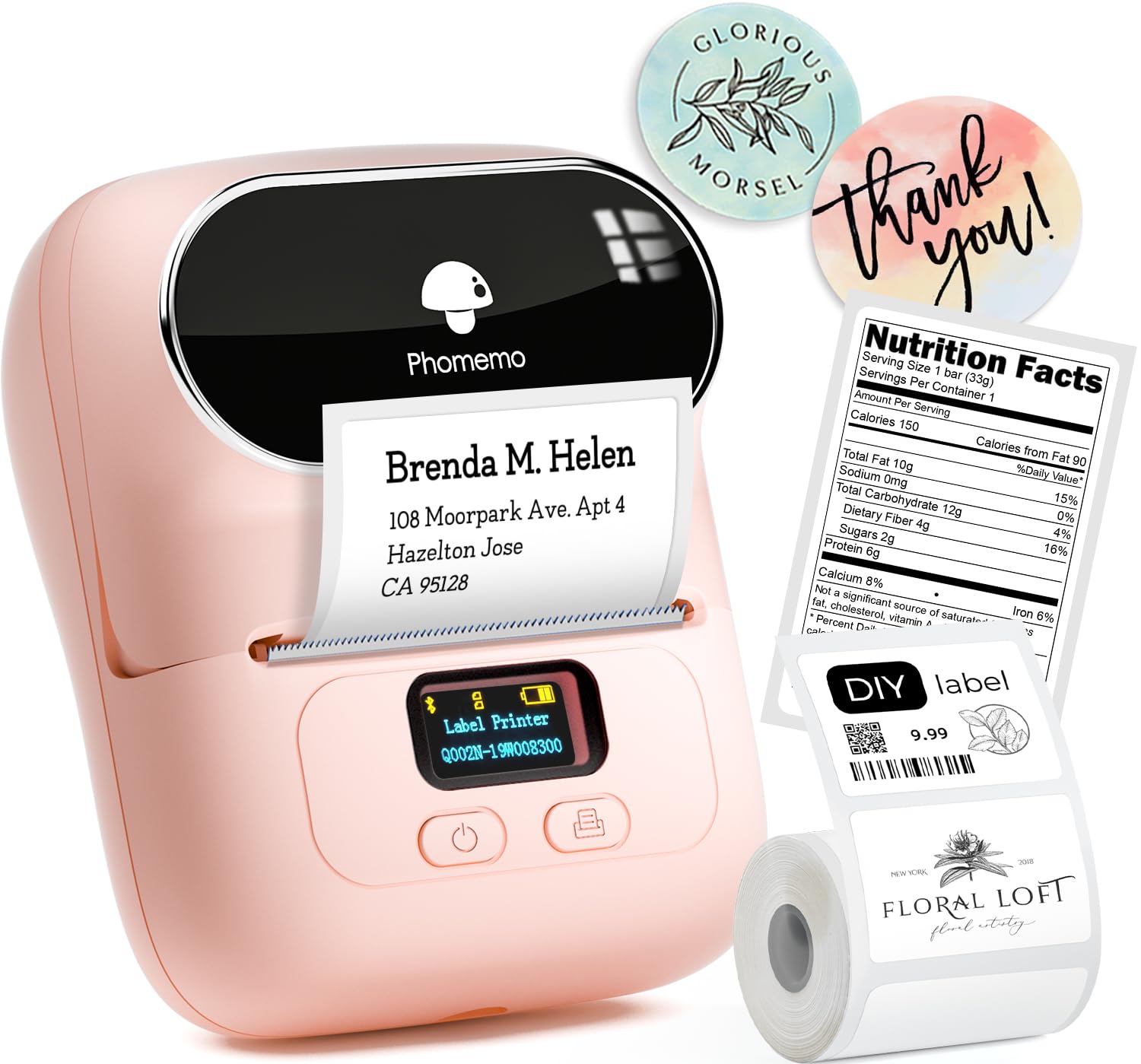 Photo 1 of Phomemo Label Printer M110 Upgraded Label Maker Bluetooth No Ink Portable for Small Business, Address, Office, Home for Phone; for PC/Mac(USB), with 100 Labels, Baby Pink
