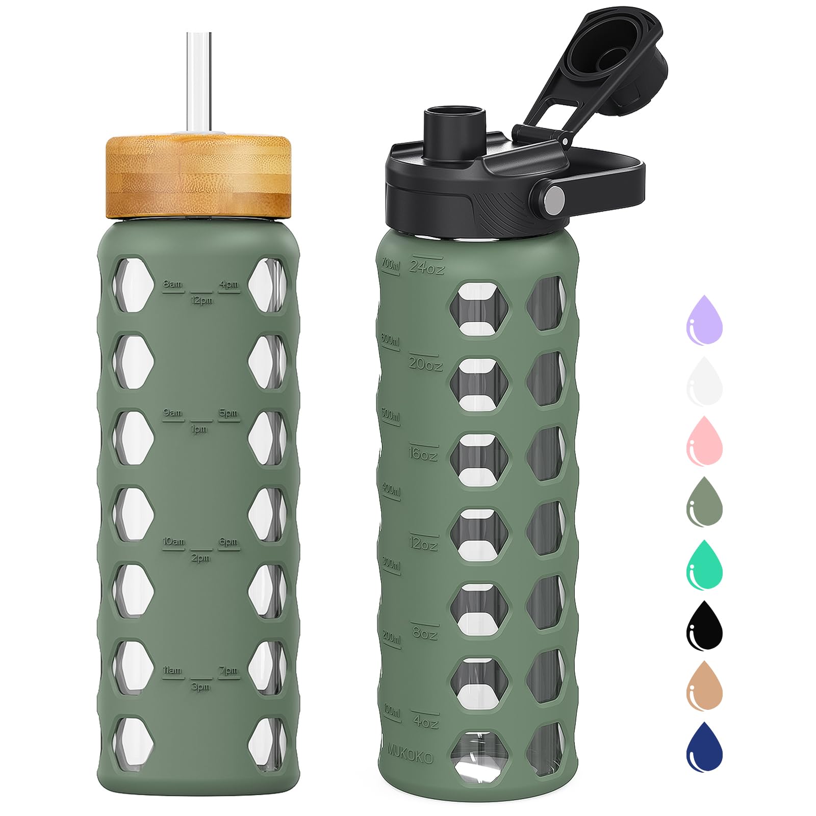 Cafezi 32oz Glass Water Bottle With 2 Lids - Bamboo Straw & Spout Cap, Time Marker, BPA Free
