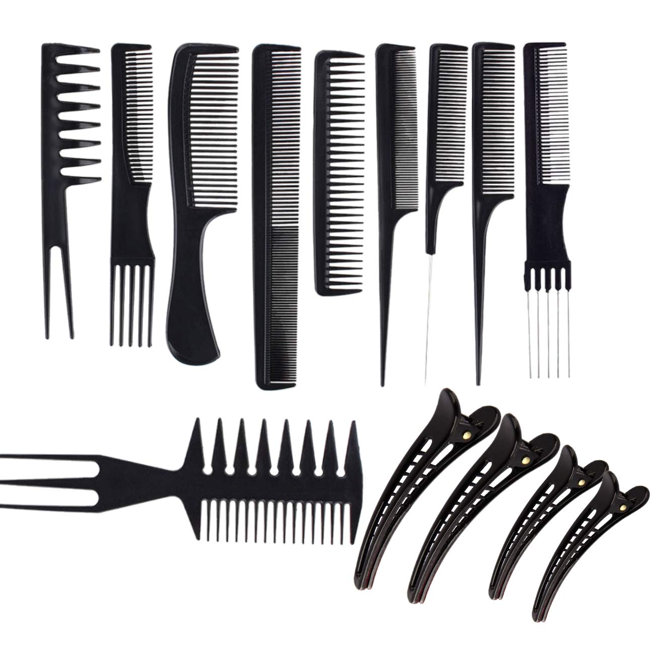 JZK 10x Professional Salon Comb Set Anti-static Hair Styling Hairdressing Combs + 4x Hair Clips For Salon Stylist Hairdresser Barber, Black