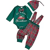 Doqcey My First Christmas Baby Boy Outfit Newborn Tree Truck Long Sleeve Romper Plaid Suspender Pants Hat 3Pcs Clothes Set