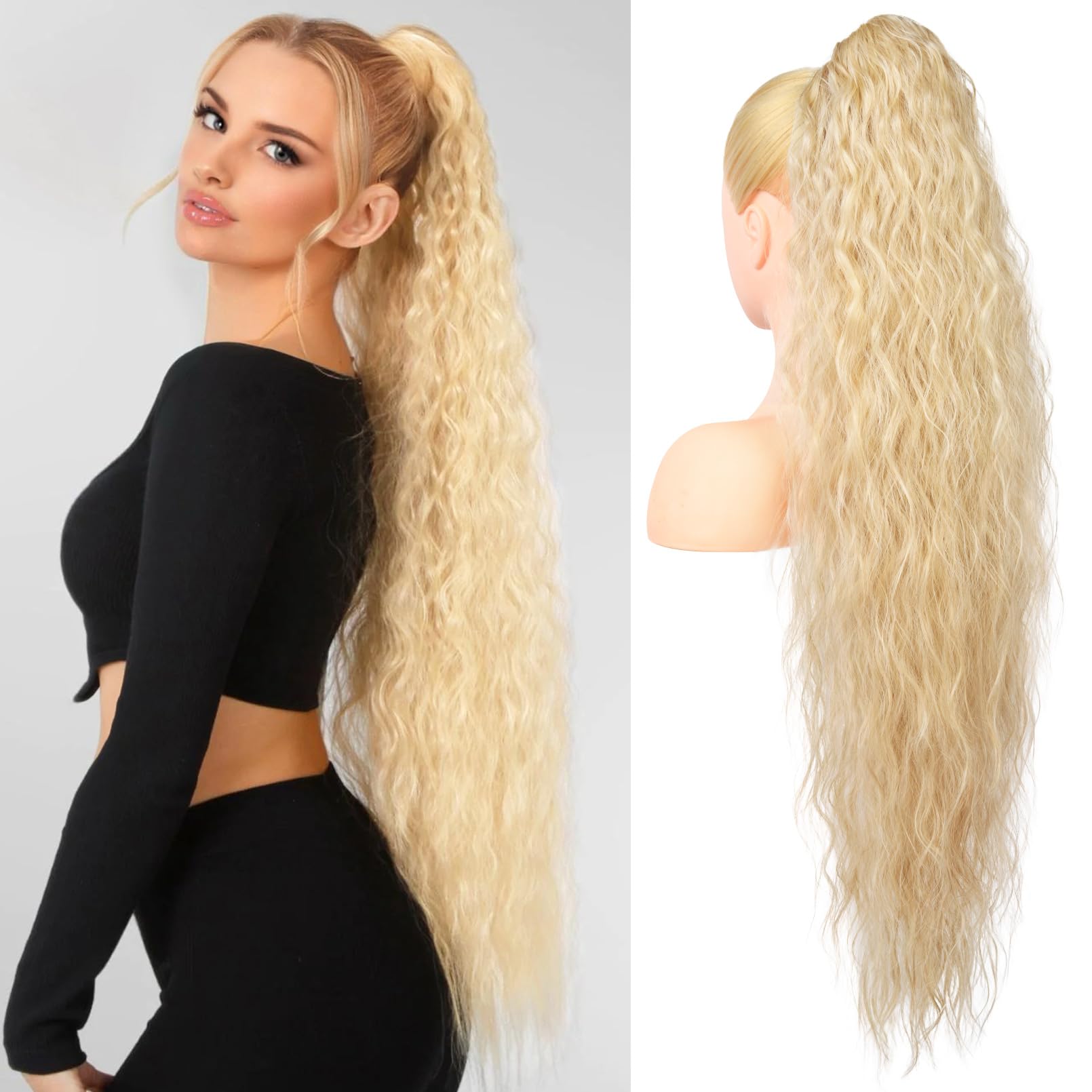 ManeMarvel Ponytail Extension, 34 Inch Extra Long Drawstring Ponytail Hair Extension Flurry Wavy Ponytails Soft Upgraded Synthetic Fiber Fake Ponytail Hairpiece for Women - Blonde