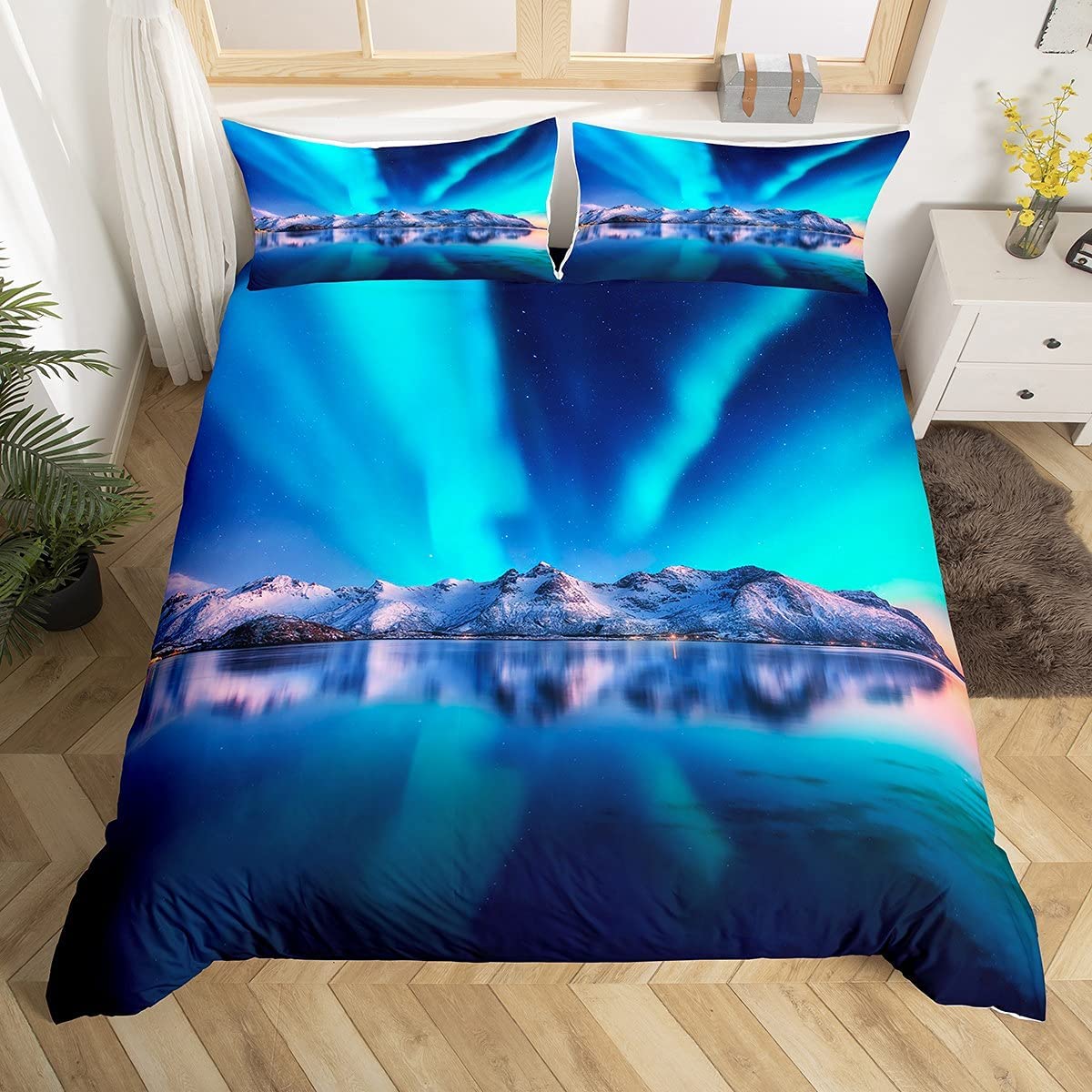 Loussiesd Aurora Theme Bedding Sets Aurora Borealis Northern Lights Duvet Cover Nature Astronomical Landscape, Snow Mountain Comforter Set for Kids Teens, 2-Piece Single Bedding Decoration Gift