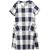 FTCayanz Women's Linen Shirt Dresses Summer Casual Short Sleeve Plaid Tunic Midi Dress
