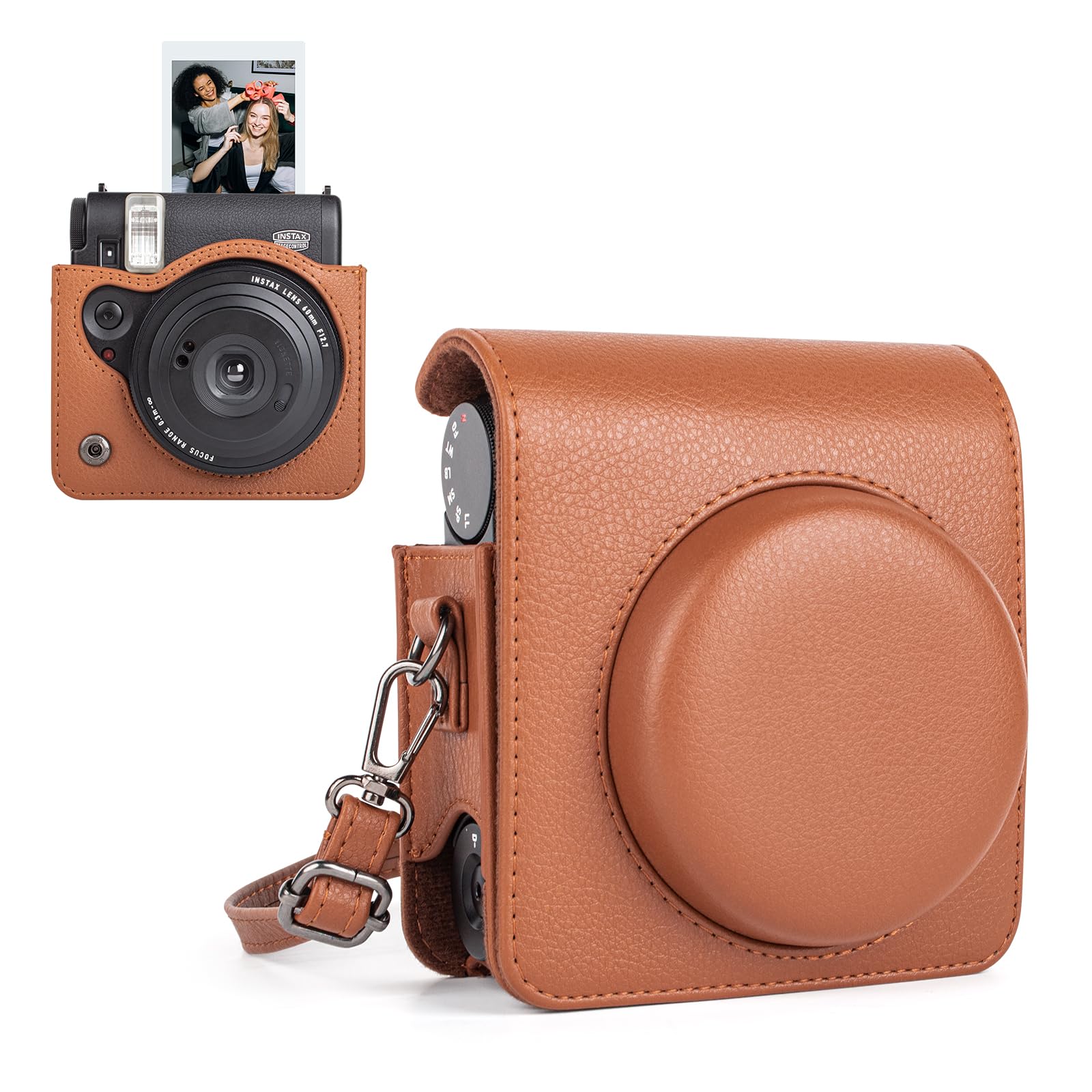 HIYQIN Instax Mini 99 Case, Protective Cover Compatible with Fujifilm Instax Mini 99 Instant Camera, PU Leather Retro Camera Case with Adjustable Strap - Brown