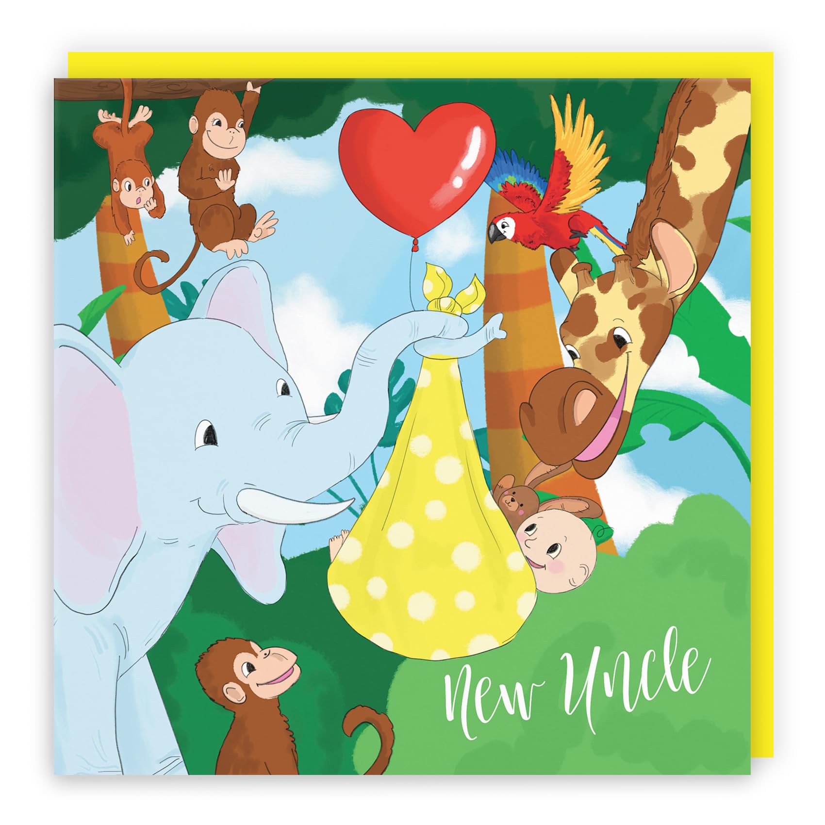 Hunts England - New Uncle Congratulations New Baby Card - Cute Elephant Holding New Baby Card - Yellow - You're A New Uncle - Boy - Girl - New Niece - Nephew Card - Jungle Collection