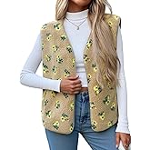 Cicy Bell Womens Fuzzy Fleece Vest Fall Floral Sleeveless Sherpa Jacket Lightweight Button Down Warm Outerwear with Pockets