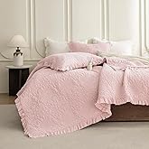 QSH 3PCs Blush Oversized King Quilt Bedspread Set(120"x120"),Stonewashed Cotton Ruffle Quilt California King,Ultra Soft Lightweight Crinkled Shabby Bedspread Coverlet Bedding Set for All Seasons