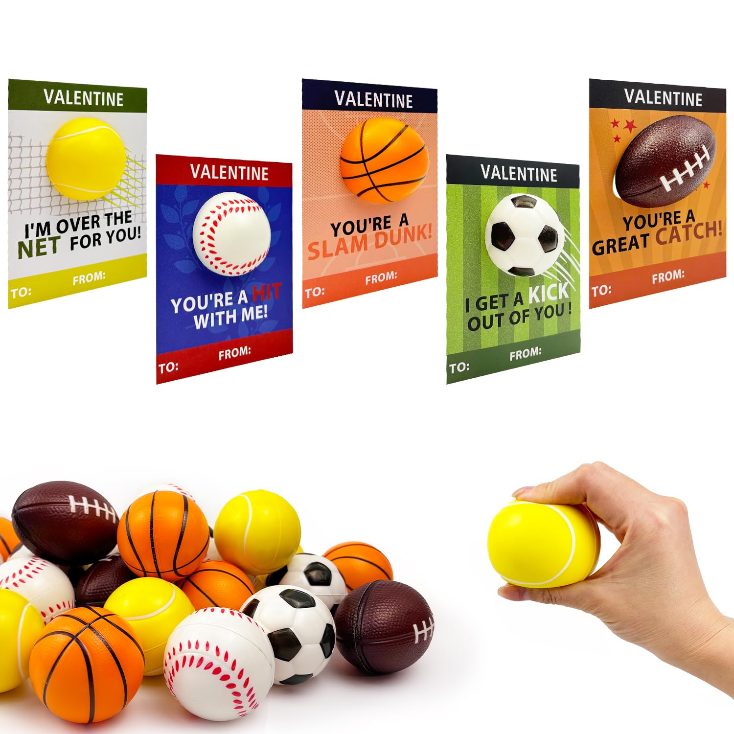 Photo 1 of Sports Valentines Cards Gifts for Kids School Classroom - 24 Pack, Mini Foam Ball Toys with Exchange Cards for Toddler Boys Girls, Valentines Party Favors Goodie Bag Stuffer Class Prizes for Students