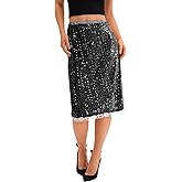 Yousify Womens Sequin Midi Skirts Y2K Elastic High Waisted Lace Trim Sparkly Stretchy Night Out Club Concerts Party Skirt