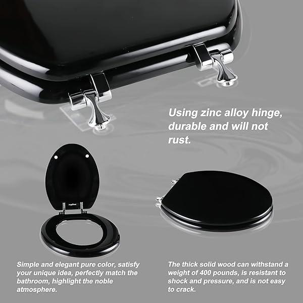 BLACK ELONGATED TOILET SEAT NATURAL WOOD TOILET SEAT WITH ZINC ALLOY HINGES, EASY TO INSTALL ALSO EASY TO CLEAN, SCRATCH RESISTANT TOILET SEAT BY ANGOL SHIOLD (ELONGATED, BLACK)