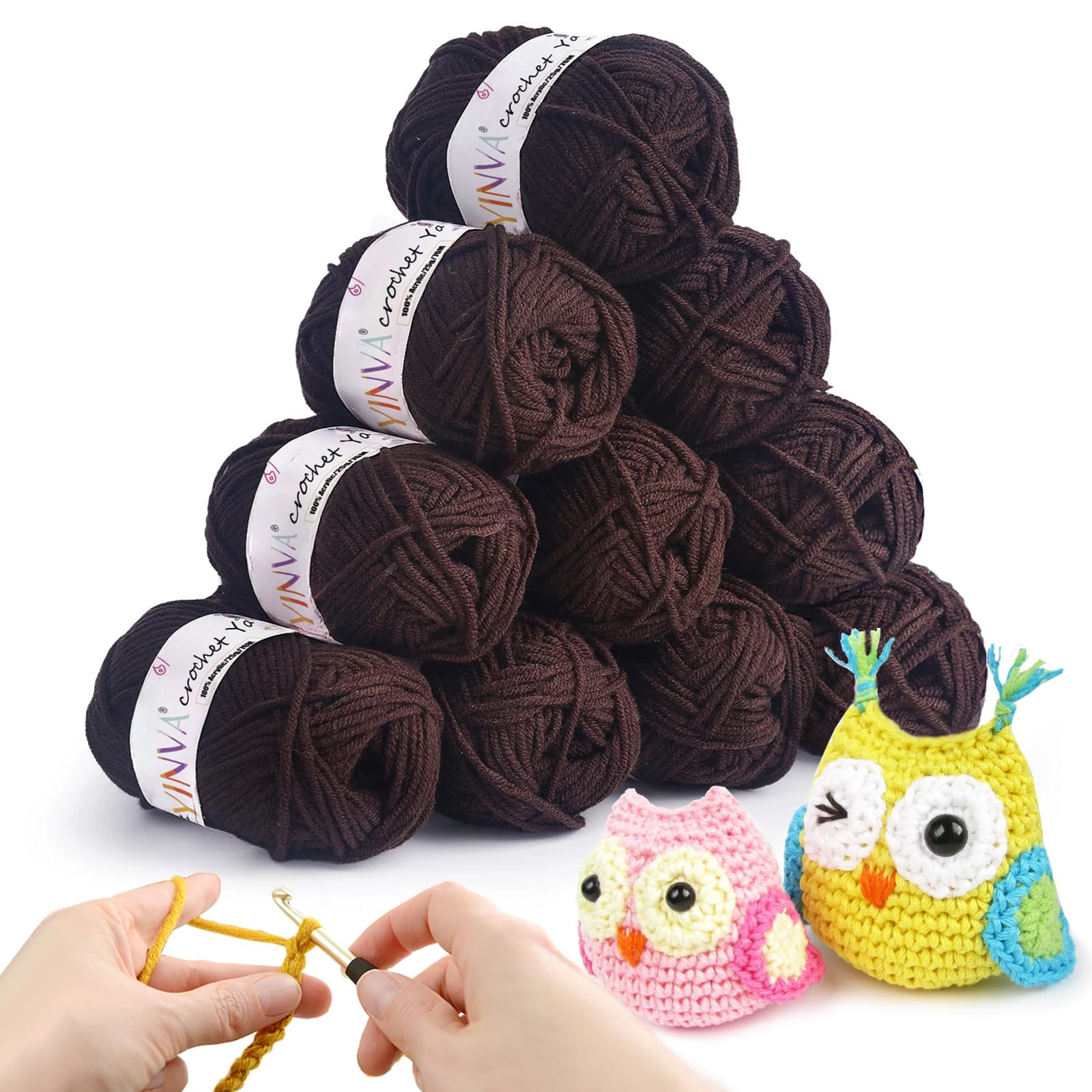 Crochet Yarn Brown Wool 10Pcs x 25g Brown Yarn Acrylic Wool for Crochet Kits for Beginners Adults Yarn for Crochet Knitting and Crafts-Coffee