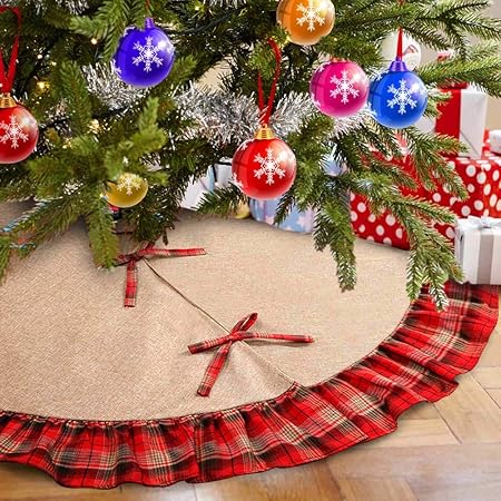 Aparty4u Burlap Gonna Albero Natale Con Rosso E Nero Plaid Ruffle Gonne Per Albero Di Natale Copertura Di Base Tappeto Albero Di Natale Decorazione